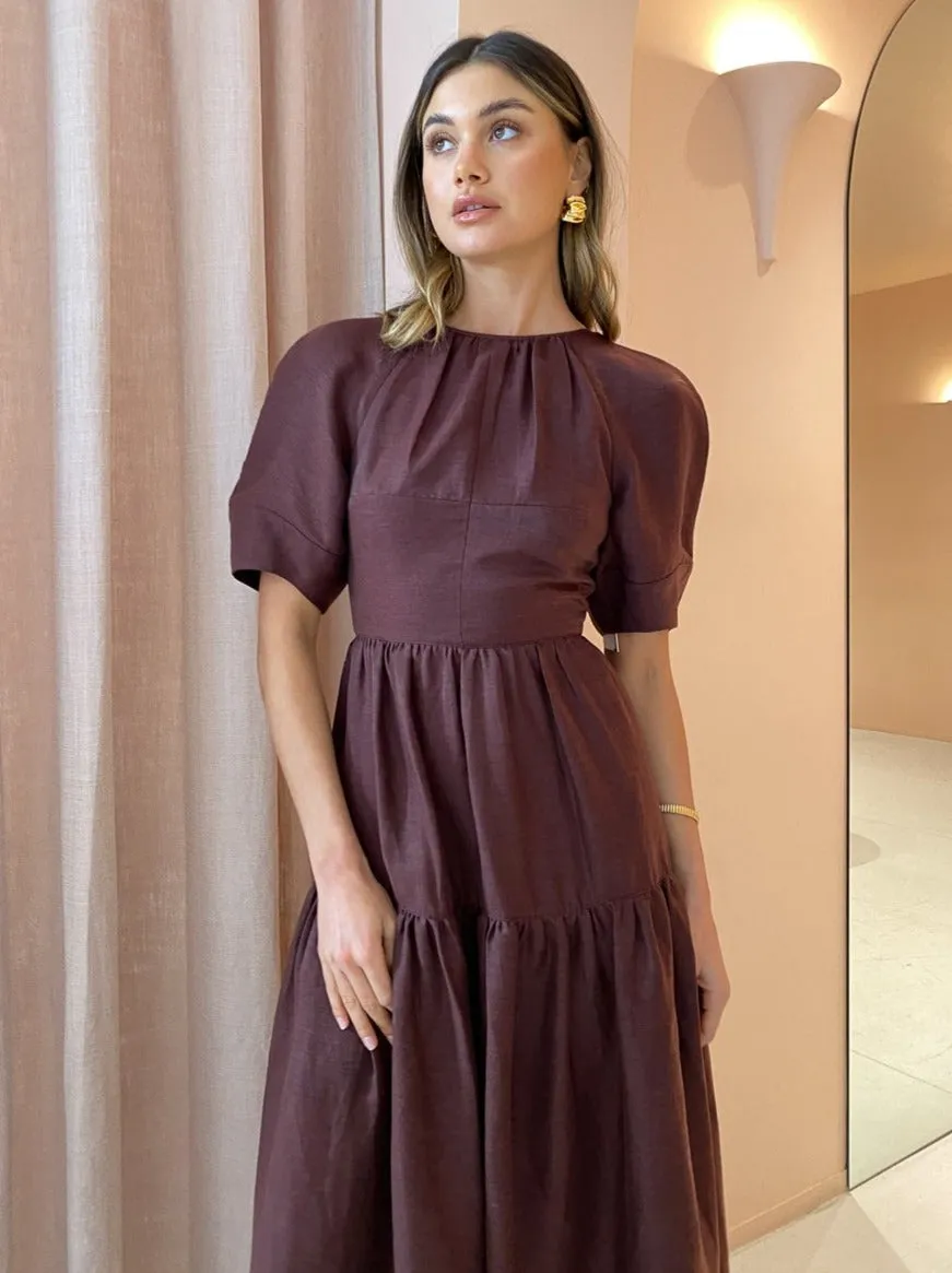 Shona Joy Marlene Open Back Midi Dress in Chocolate