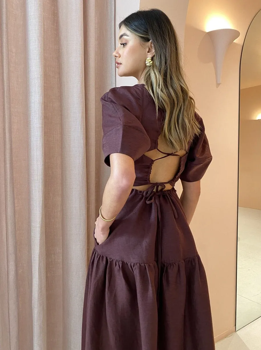 Shona Joy Marlene Open Back Midi Dress in Chocolate