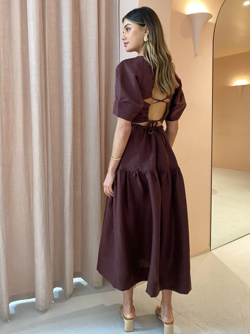 Shona Joy Marlene Open Back Midi Dress in Chocolate