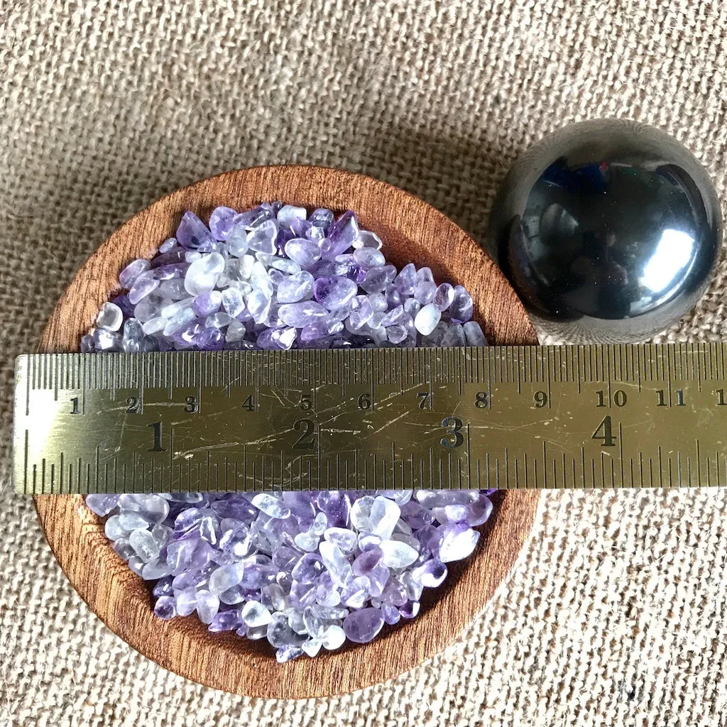 Shungite Sphere on Bed of Tumbled Amethyst in Custom Wood Bowl