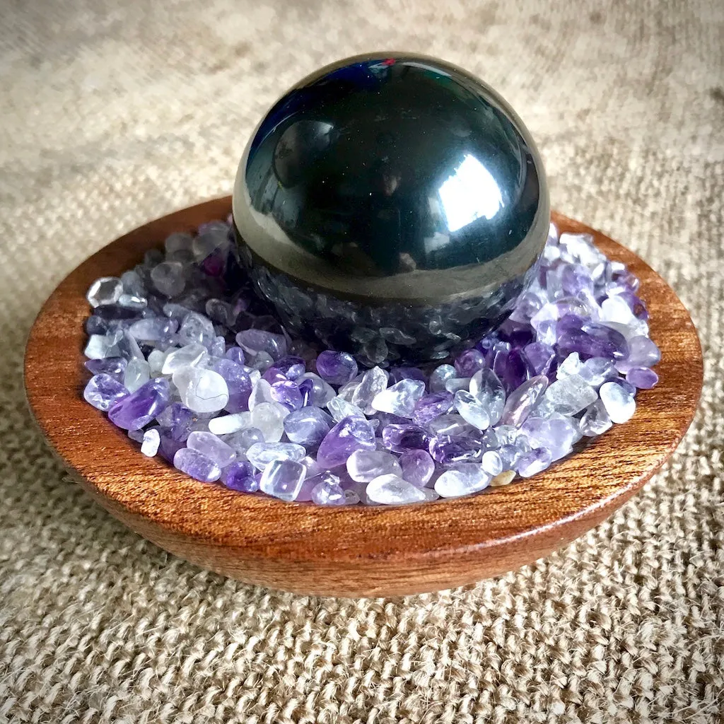 Shungite Sphere on Bed of Tumbled Amethyst in Custom Wood Bowl