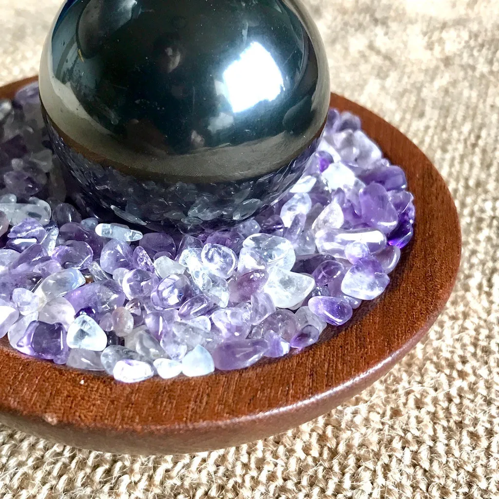 Shungite Sphere on Bed of Tumbled Amethyst in Custom Wood Bowl