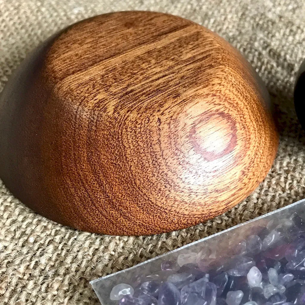 Shungite Sphere on Bed of Tumbled Amethyst in Custom Wood Bowl