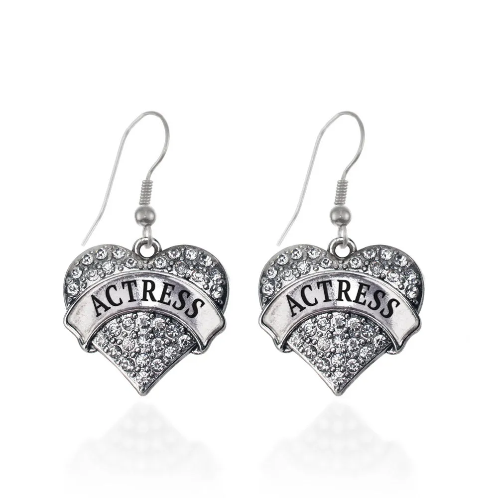 Silver Actress Pave Heart Charm Dangle Earrings