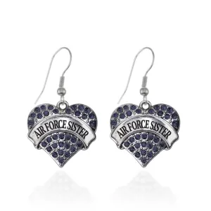 Silver Air Force Sister Blue Pave Heart Charm Dangle Earrings