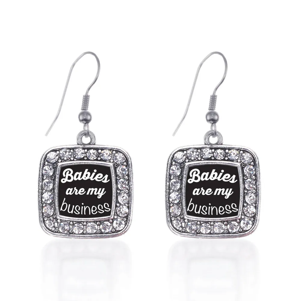 Silver Babies Are My Business Square Charm Dangle Earrings