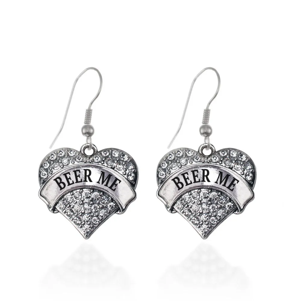 Silver Beer Me Pave Heart Charm Dangle Earrings