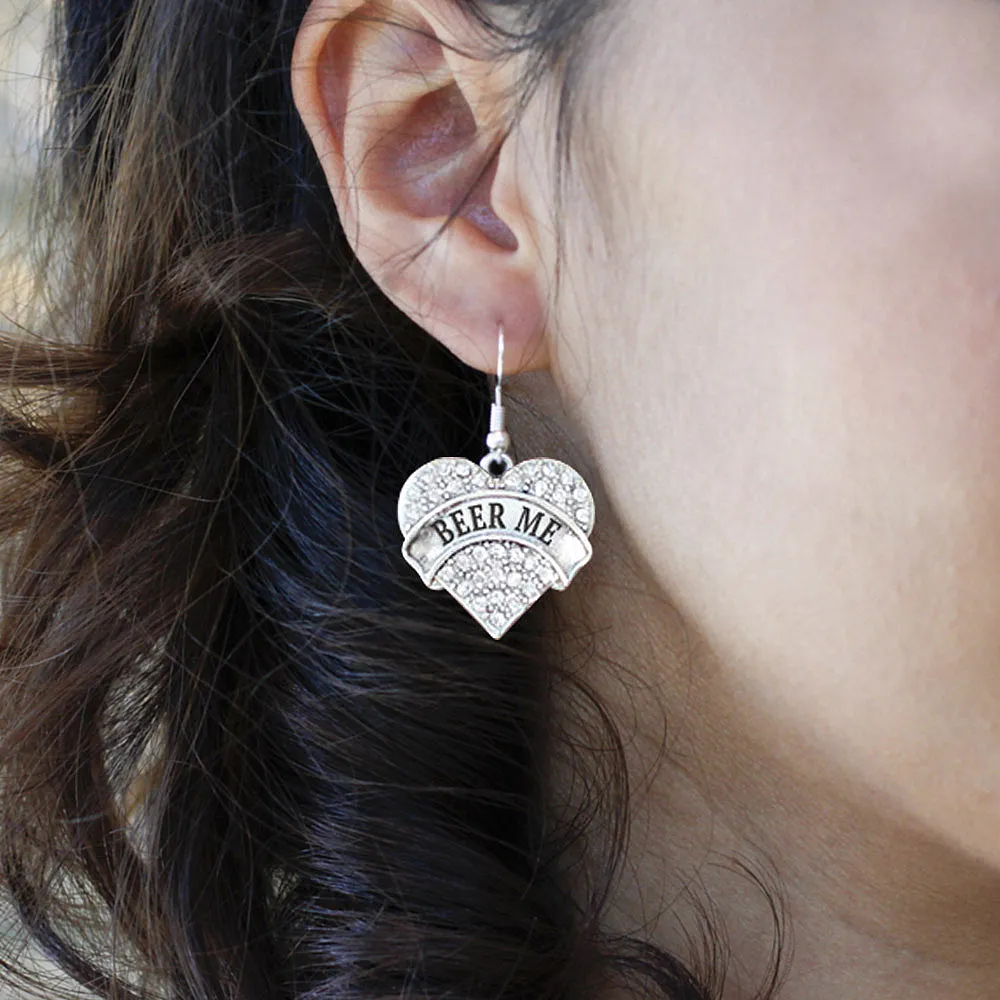 Silver Beer Me Pave Heart Charm Dangle Earrings