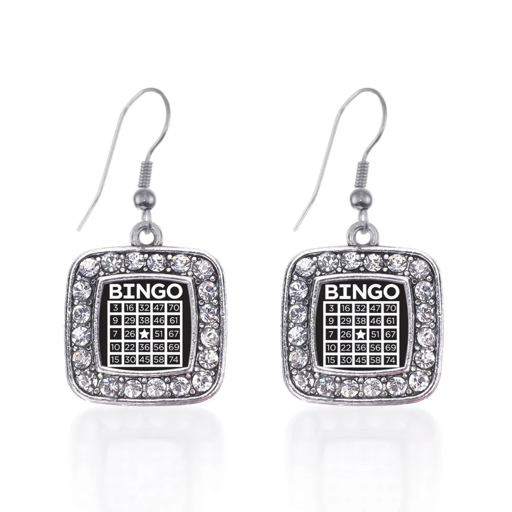 Silver Bingo Square Charm Dangle Earrings