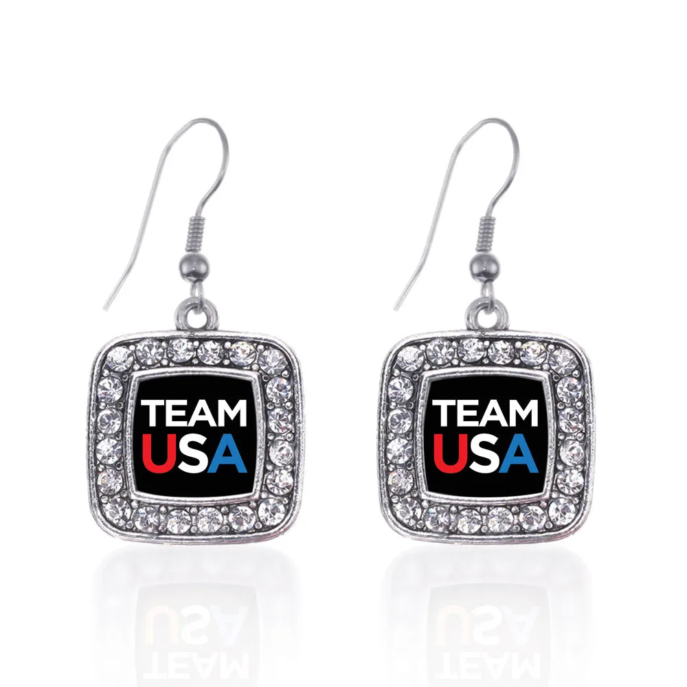 Silver Black Banner Team USA Square Charm Dangle Earrings