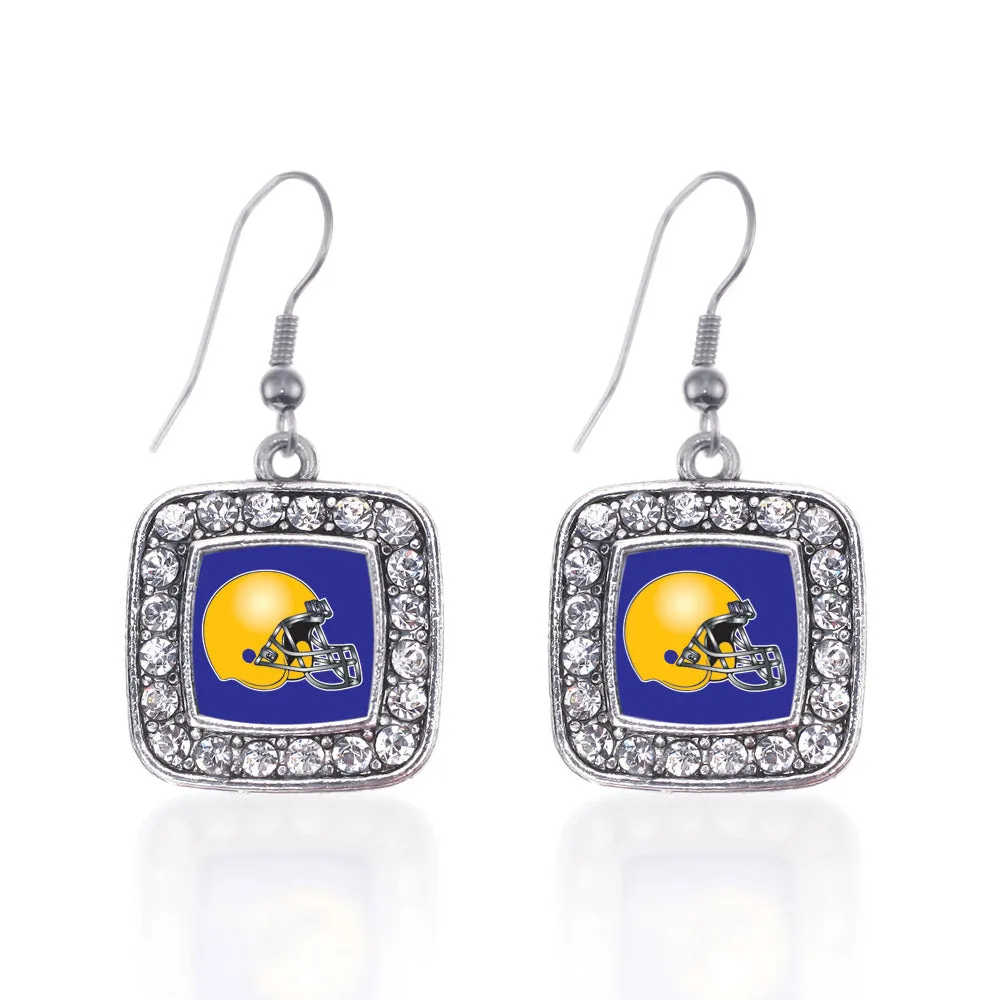 Silver Blue and Yellow Team Helmet Square Charm Dangle Earrings