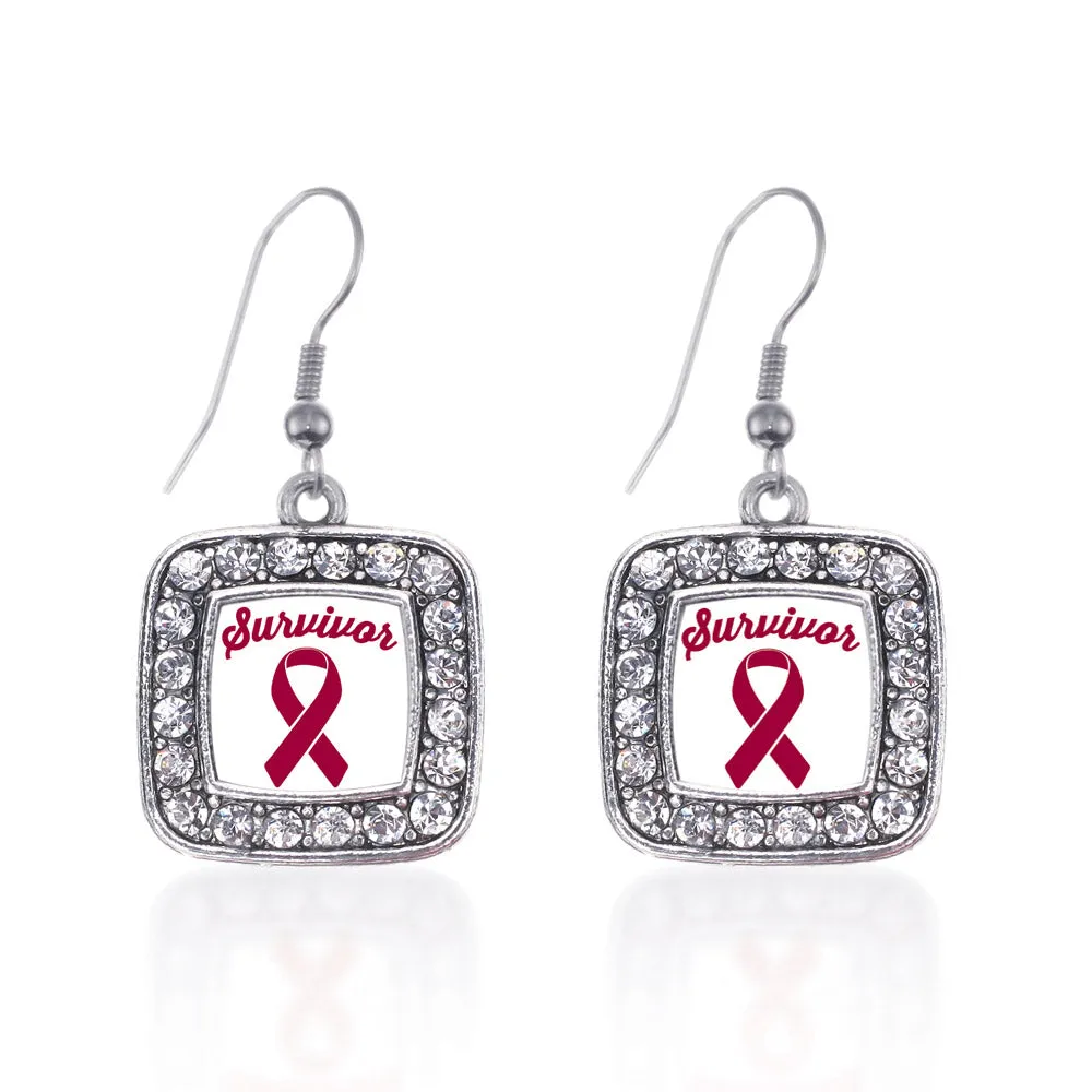 Silver Burgundy Ribbon Survivor Square Charm Dangle Earrings