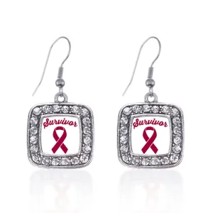 Silver Burgundy Ribbon Survivor Square Charm Dangle Earrings