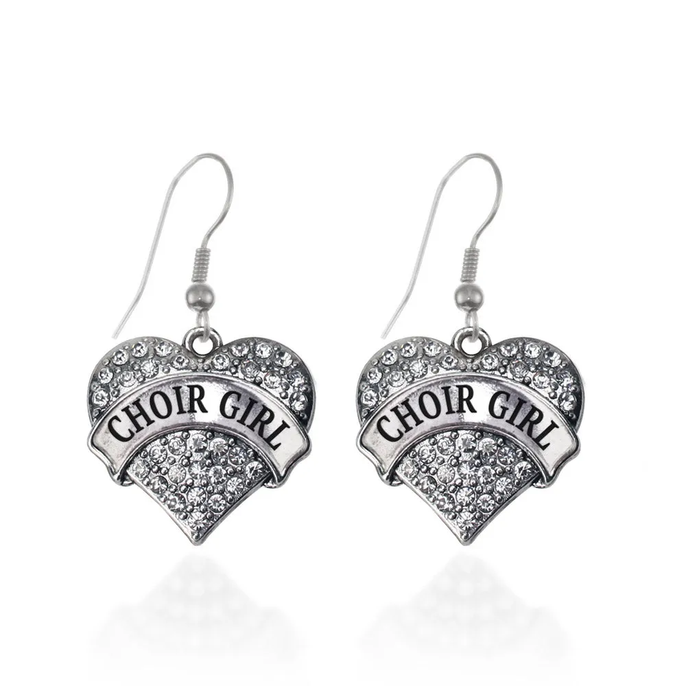 Silver Choir Girl Pave Heart Charm Dangle Earrings