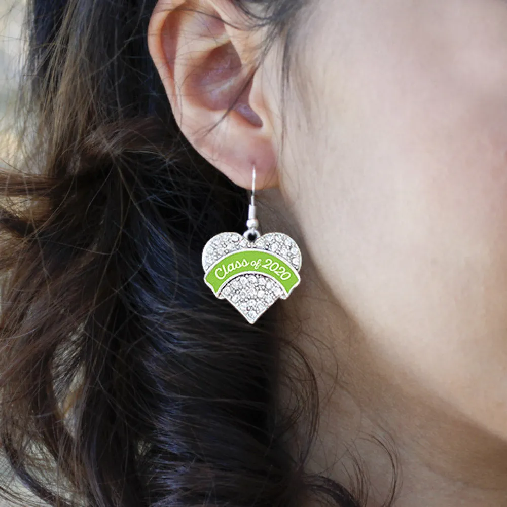 Silver Class of 2020 - Lime Green Pave Heart Charm Dangle Earrings