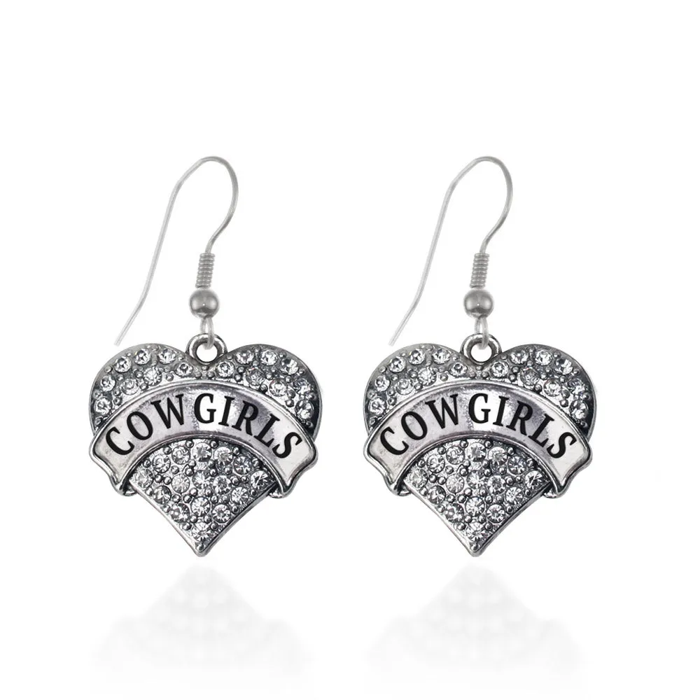 Silver Cowgirls Pave Heart Charm Dangle Earrings