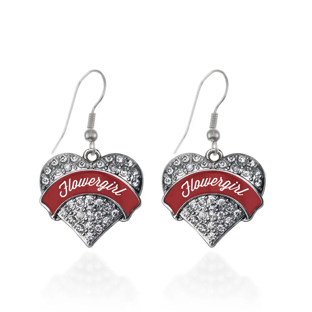 Silver Crimson Red Flower Girl Pave Heart Charm Dangle Earrings