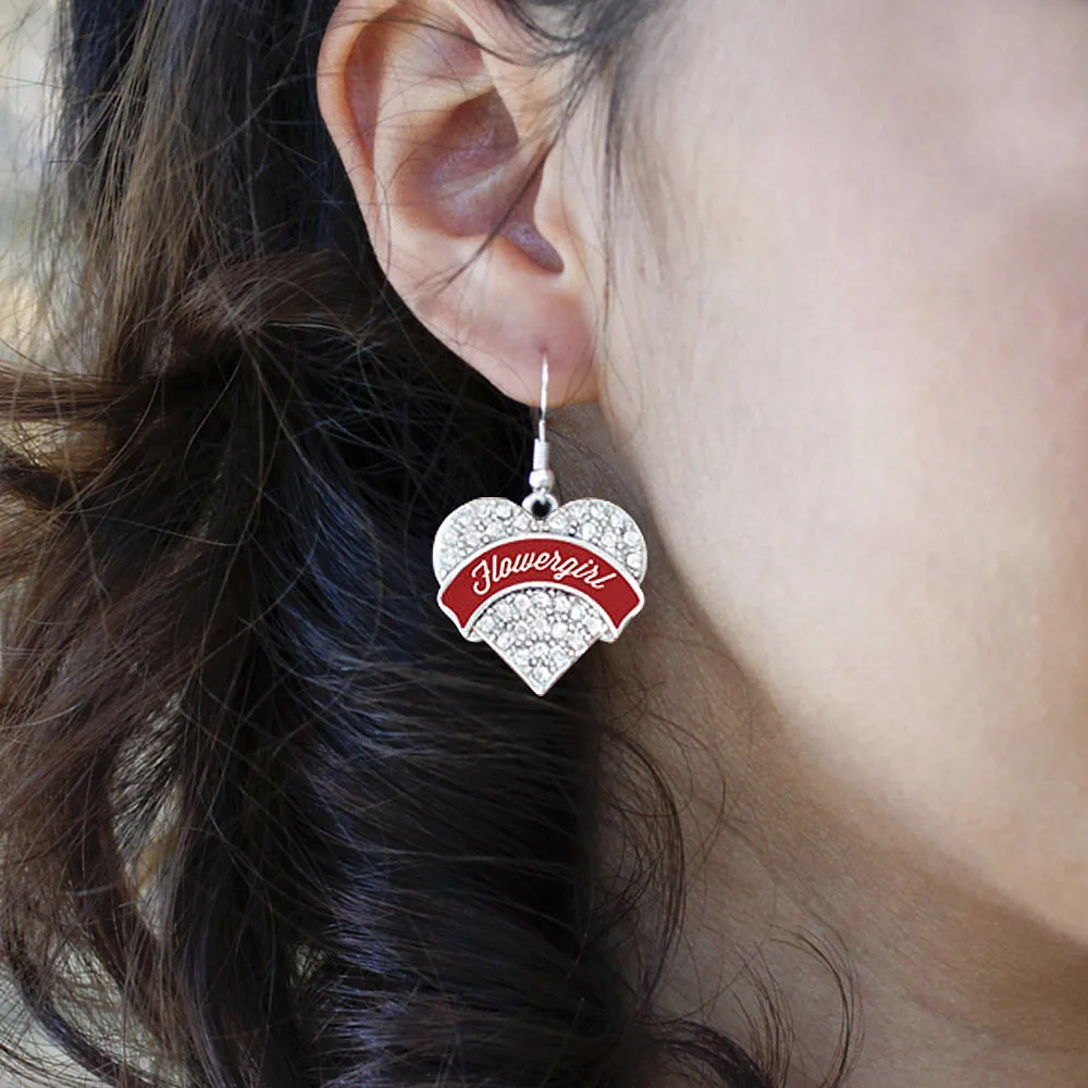 Silver Crimson Red Flower Girl Pave Heart Charm Dangle Earrings