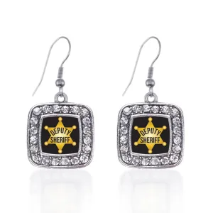 Silver Deputy Sheriff Square Charm Dangle Earrings