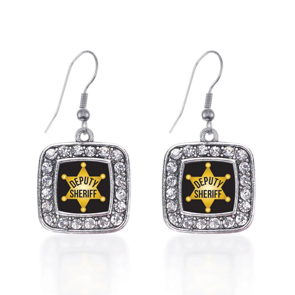 Silver Deputy Sheriff Square Charm Dangle Earrings