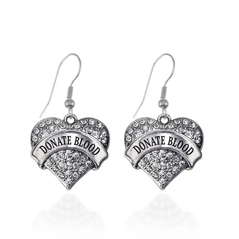 Silver Donate Blood Pave Heart Charm Dangle Earrings