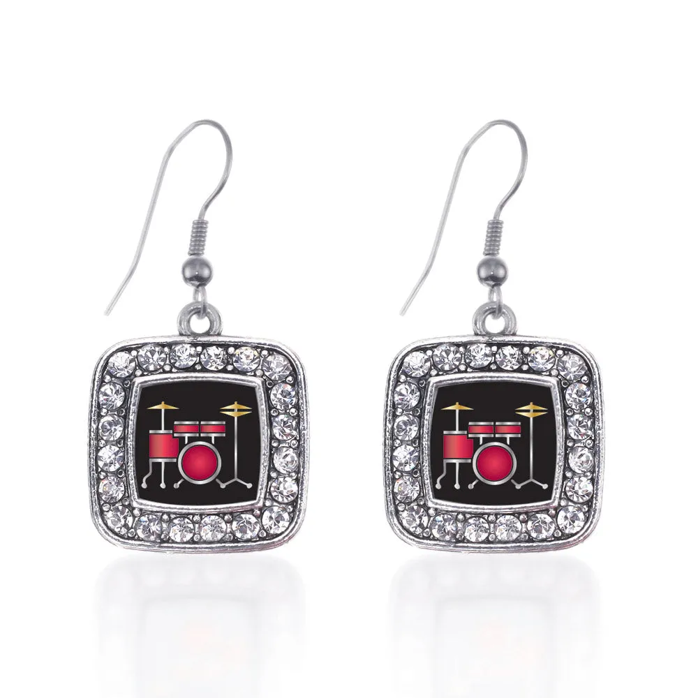 Silver Drumset Square Charm Dangle Earrings