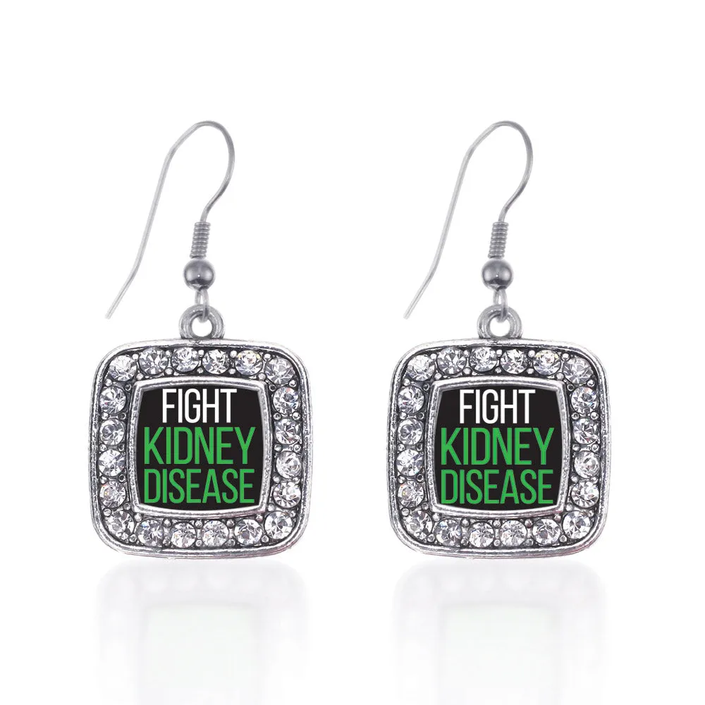 Silver Fight Kidney Disease Square Charm Dangle Earrings