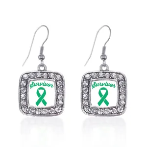 Silver Green Ribbon Survivor Square Charm Dangle Earrings