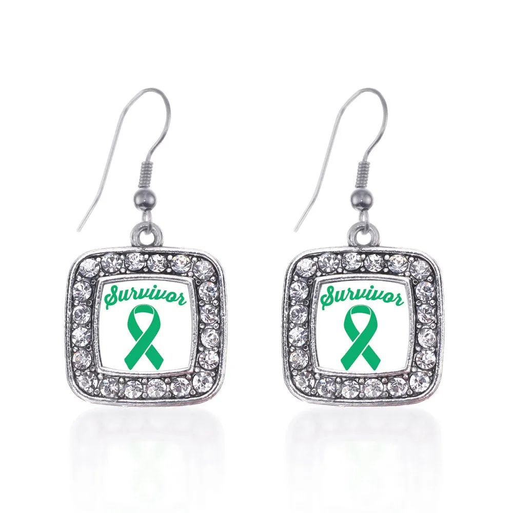 Silver Green Ribbon Survivor Square Charm Dangle Earrings