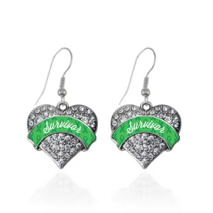 Silver Green Survivor Pave Heart Charm Dangle Earrings