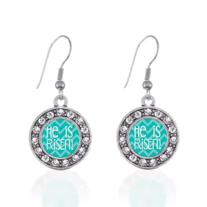 Silver He is Risen Teal Chevron Patterned Circle Charm Dangle Earrings