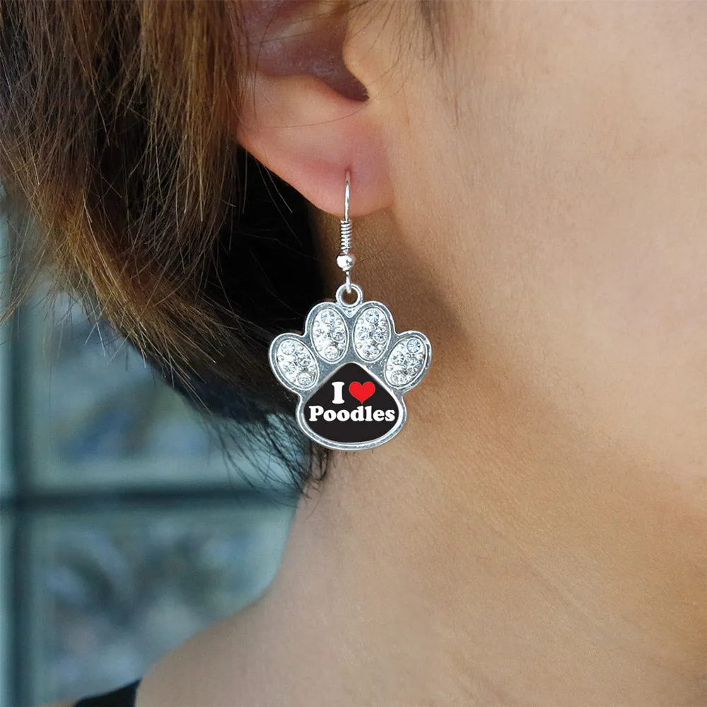 Silver I Love Poodles Pave Paw Charm Dangle Earrings