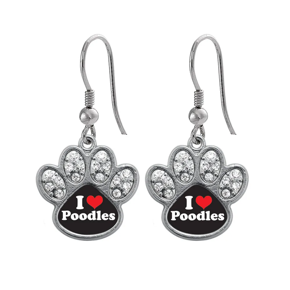 Silver I Love Poodles Pave Paw Charm Dangle Earrings