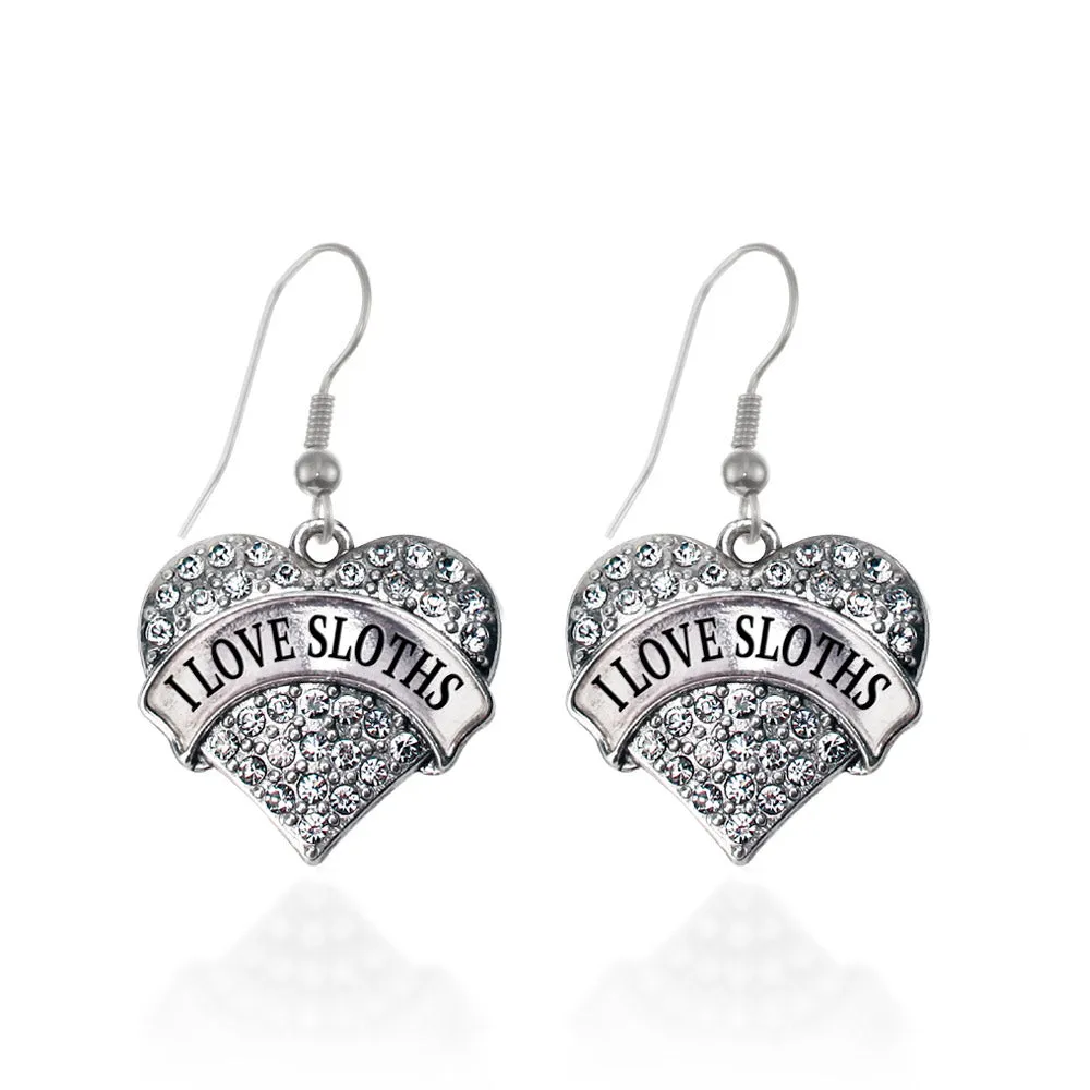 Silver I Love Sloths Pave Heart Charm Dangle Earrings