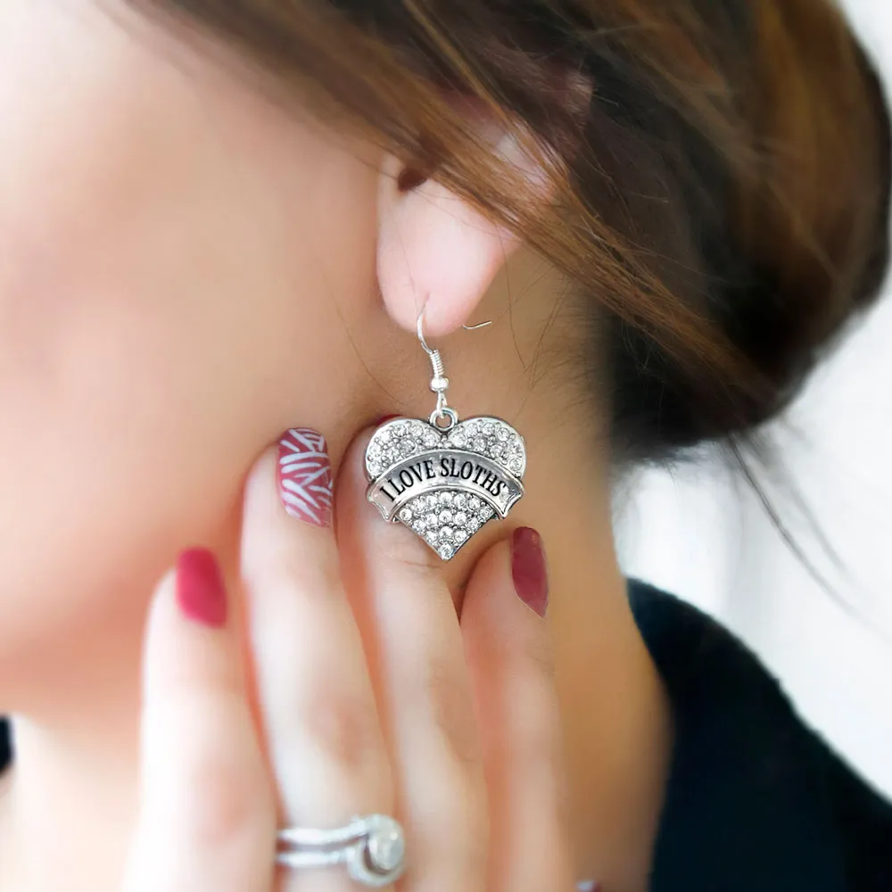 Silver I Love Sloths Pave Heart Charm Dangle Earrings