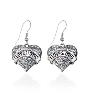 Silver I Love Sloths Pave Heart Charm Dangle Earrings