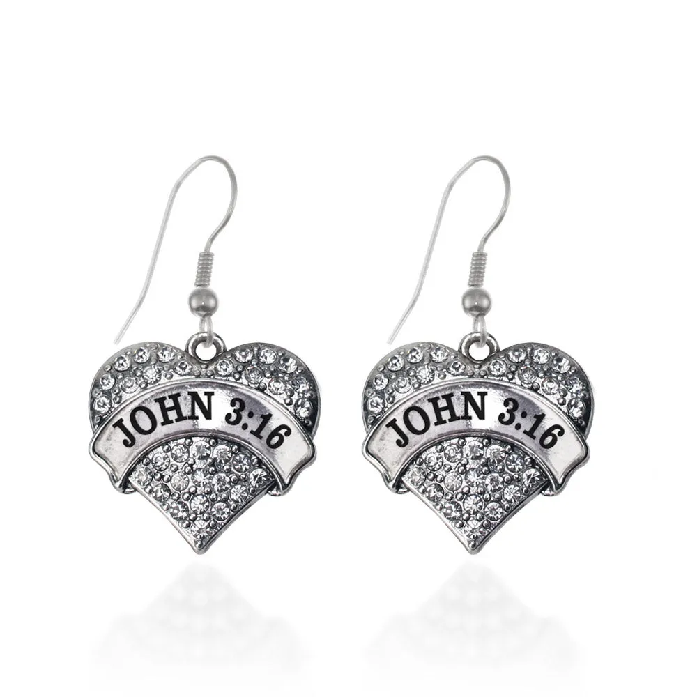 Silver John 3:16 Pave Heart Charm Dangle Earrings