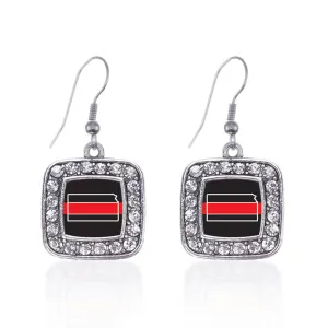 Silver Kansas Thin Red Line Square Charm Dangle Earrings