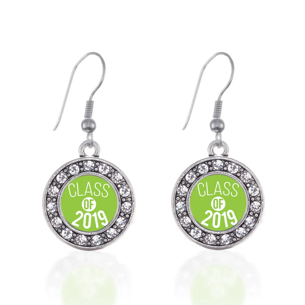 Silver Lime Green Class of 2019 Circle Charm Dangle Earrings