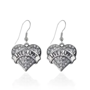 Silver Live Happy Pave Heart Charm Dangle Earrings