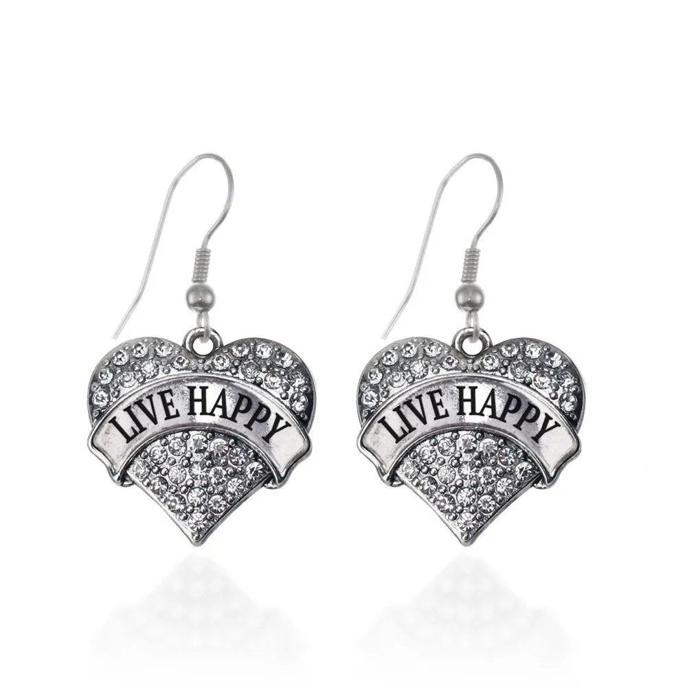 Silver Live Happy Pave Heart Charm Dangle Earrings