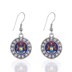 Silver Michigan Flag Circle Charm Dangle Earrings