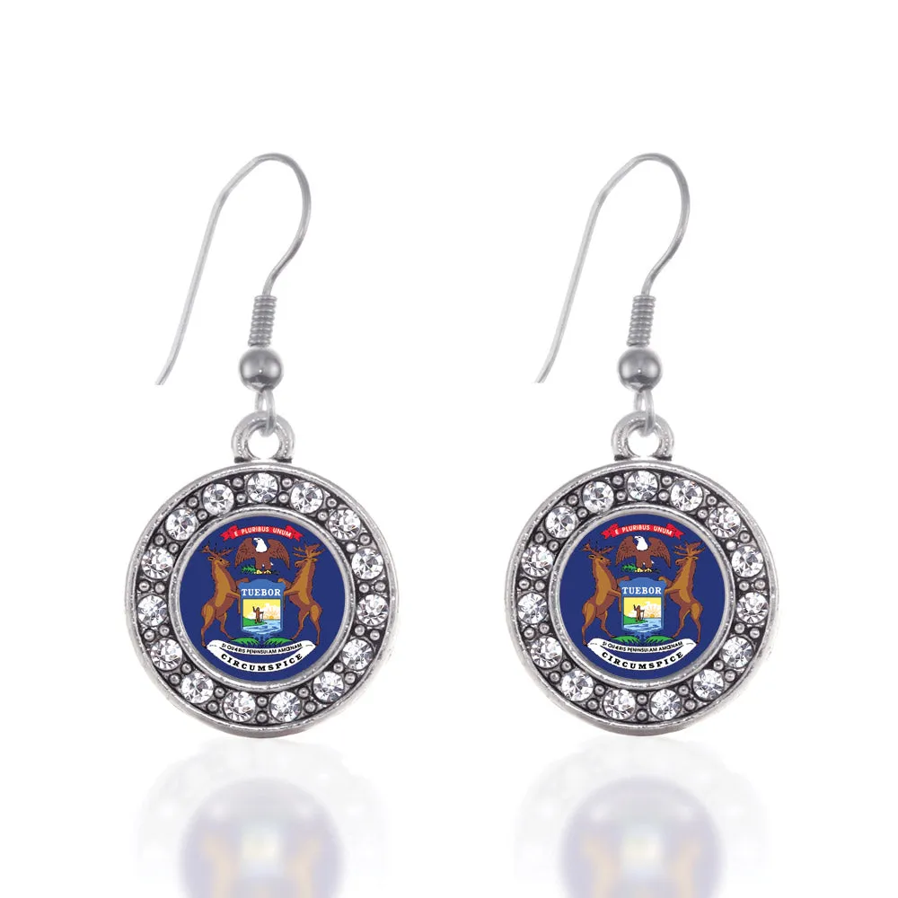 Silver Michigan Flag Circle Charm Dangle Earrings