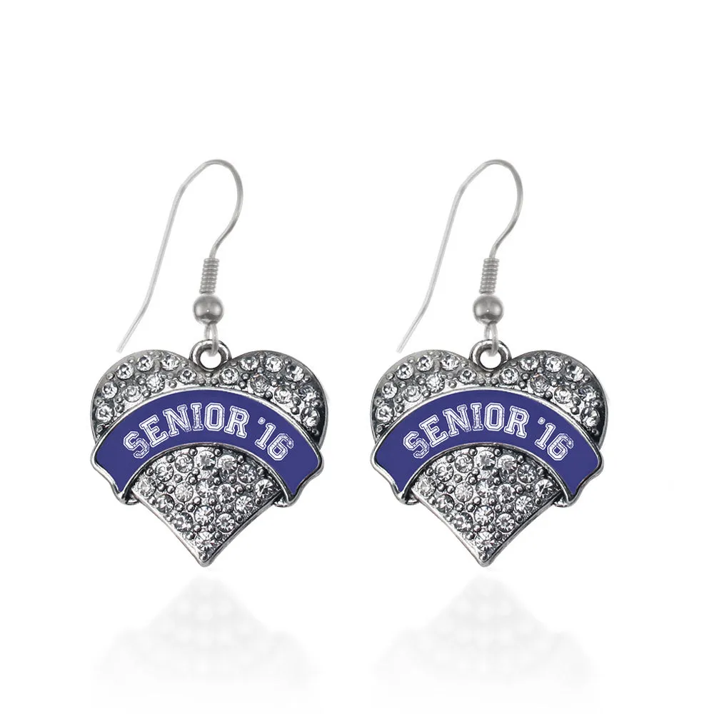 Silver Navy Blue Senior 2016 Pave Heart Charm Dangle Earrings