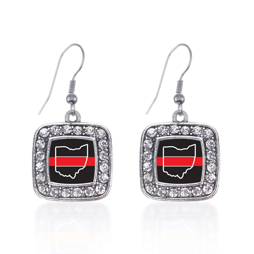 Silver Ohio Thin Red Line Square Charm Dangle Earrings