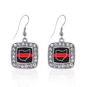 Silver Ohio Thin Red Line Square Charm Dangle Earrings