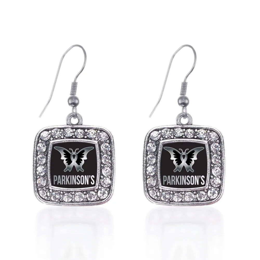 Silver Parkinson's Disease Support Square Charm Dangle Earrings