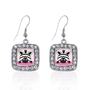 Silver Peeking Zebra Square Charm Dangle Earrings