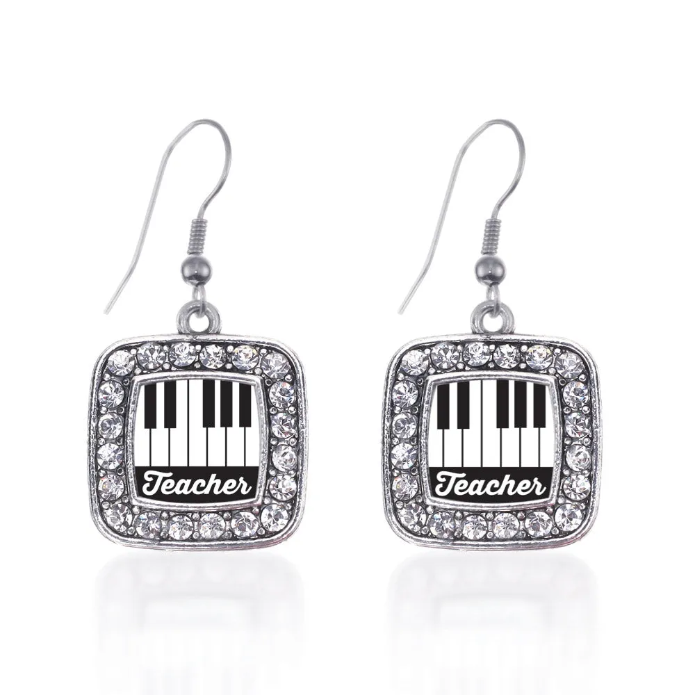 Silver Piano Teacher Square Charm Dangle Earrings