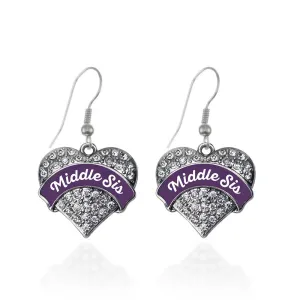 Silver Plum Middle Sister Pave Heart Charm Dangle Earrings